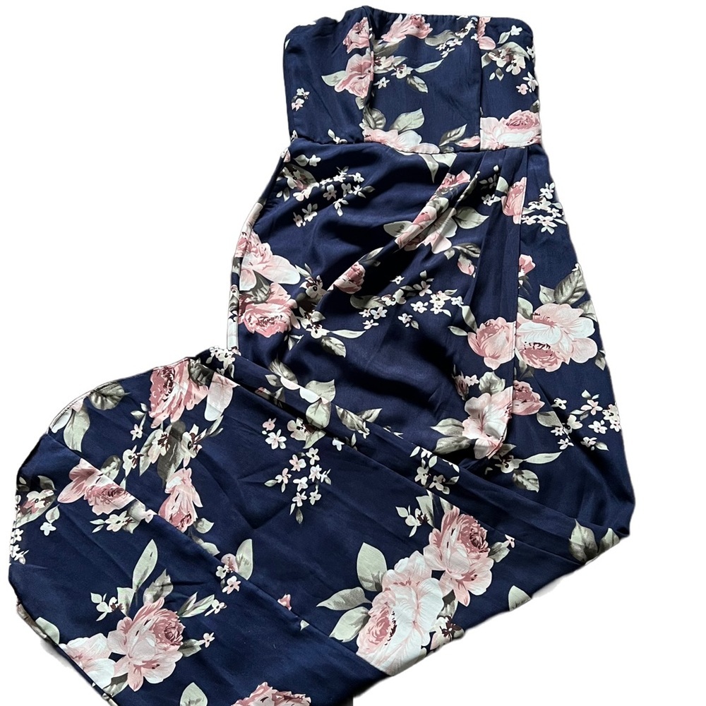 SHOWPO NAVY BLUE FLORAL “TAKE IT FROM THE TOP” STRAPLESS MAXI DRESS - Picture 8 of 14